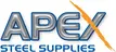 APEX Steel Supplies logo with metallic silver letters, an orange slash through the “X,” and blue text below.