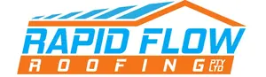 Rapid Flow Roofing logo with a droplet blending blue water and orange-red flame above bold text “RAPID FLOW” in blue and “ROOFING” in orange.