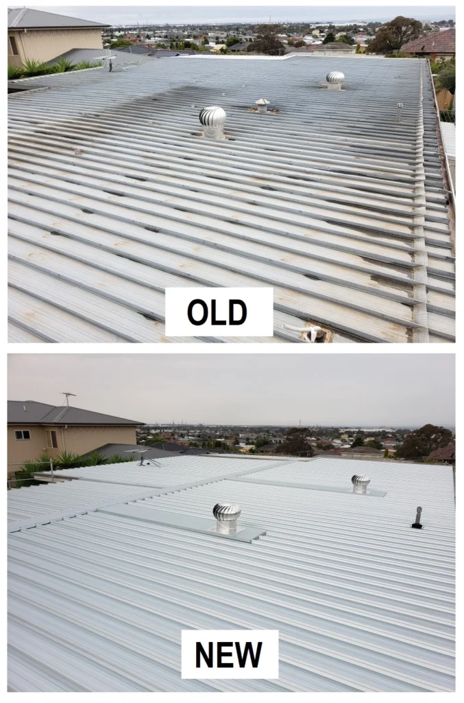 Side-by-side comparison of old rusted corrugated roof and newly refurbished clean metal roof.