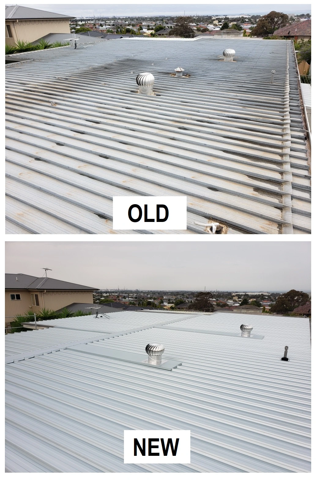 Side-by-side comparison of old rusted corrugated roof and newly refurbished clean metal roof.